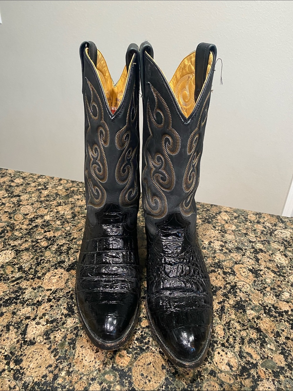 Black Croc-Textured Western Boots with Gold Stitching